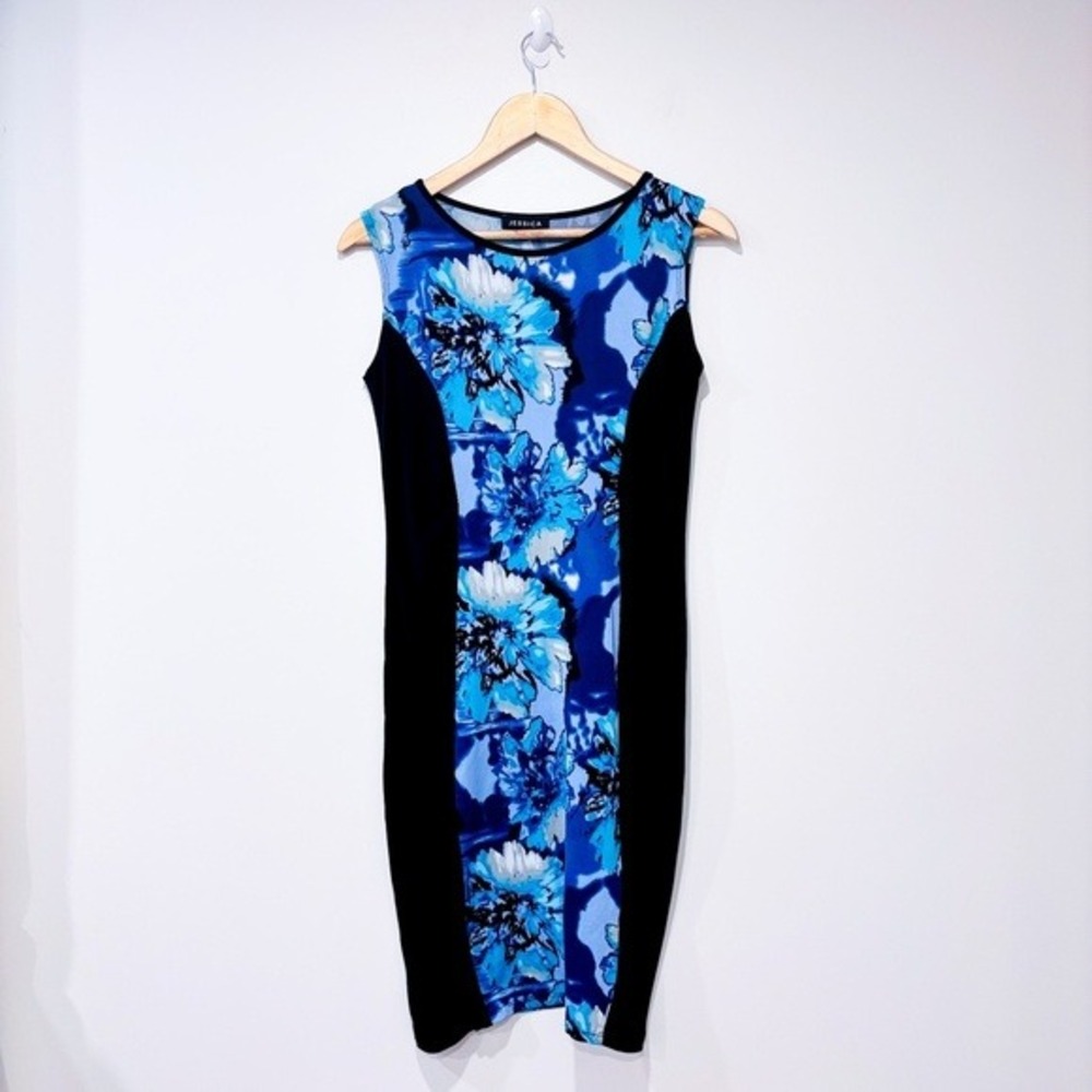 JESSICA Black‎ Blue Floral Colorblock Sleeveless Sheath Dress Size 6